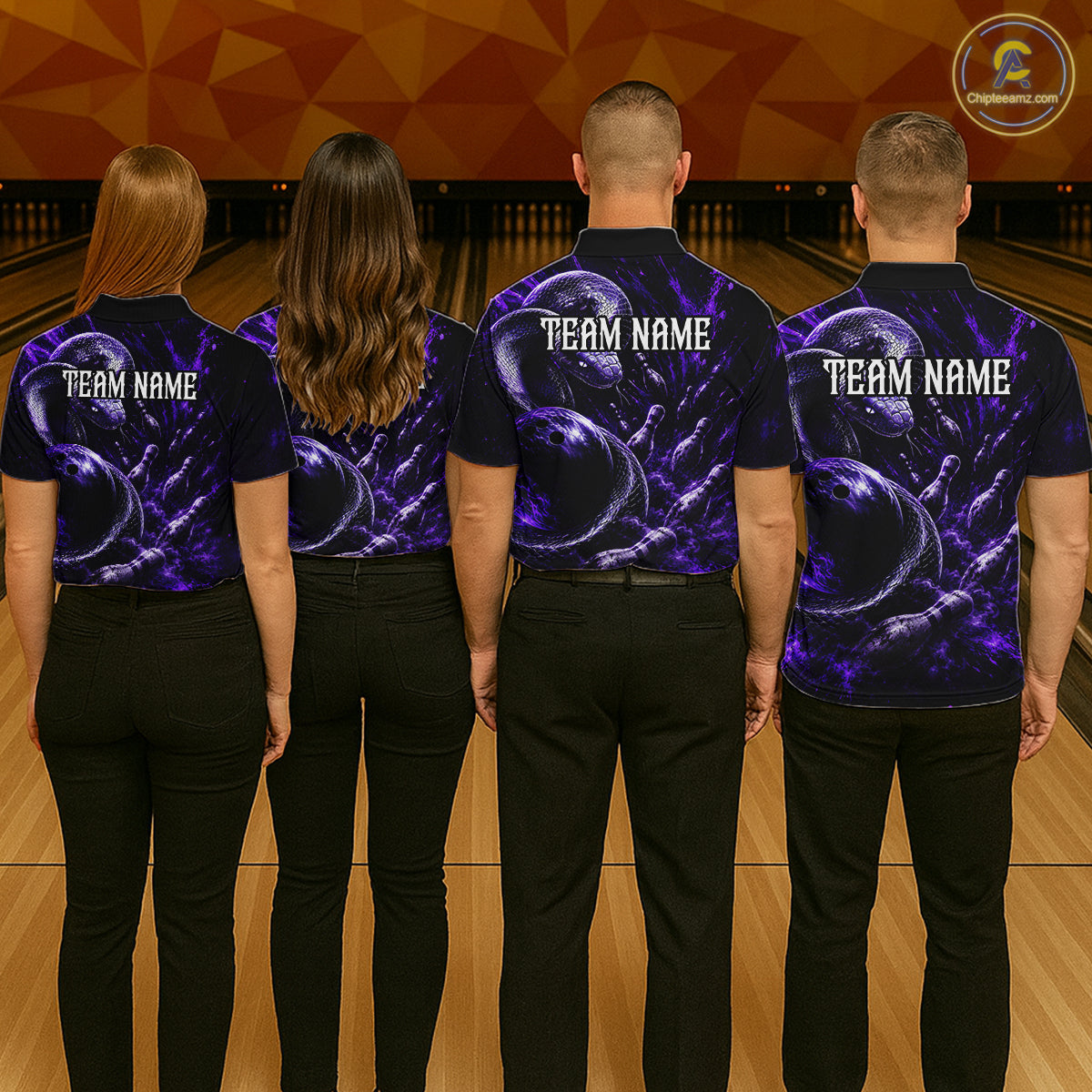 Custom Black And Purple Flame Snake Bowling Men Polo Shirts, Bowling League Team Shirt NBT1021