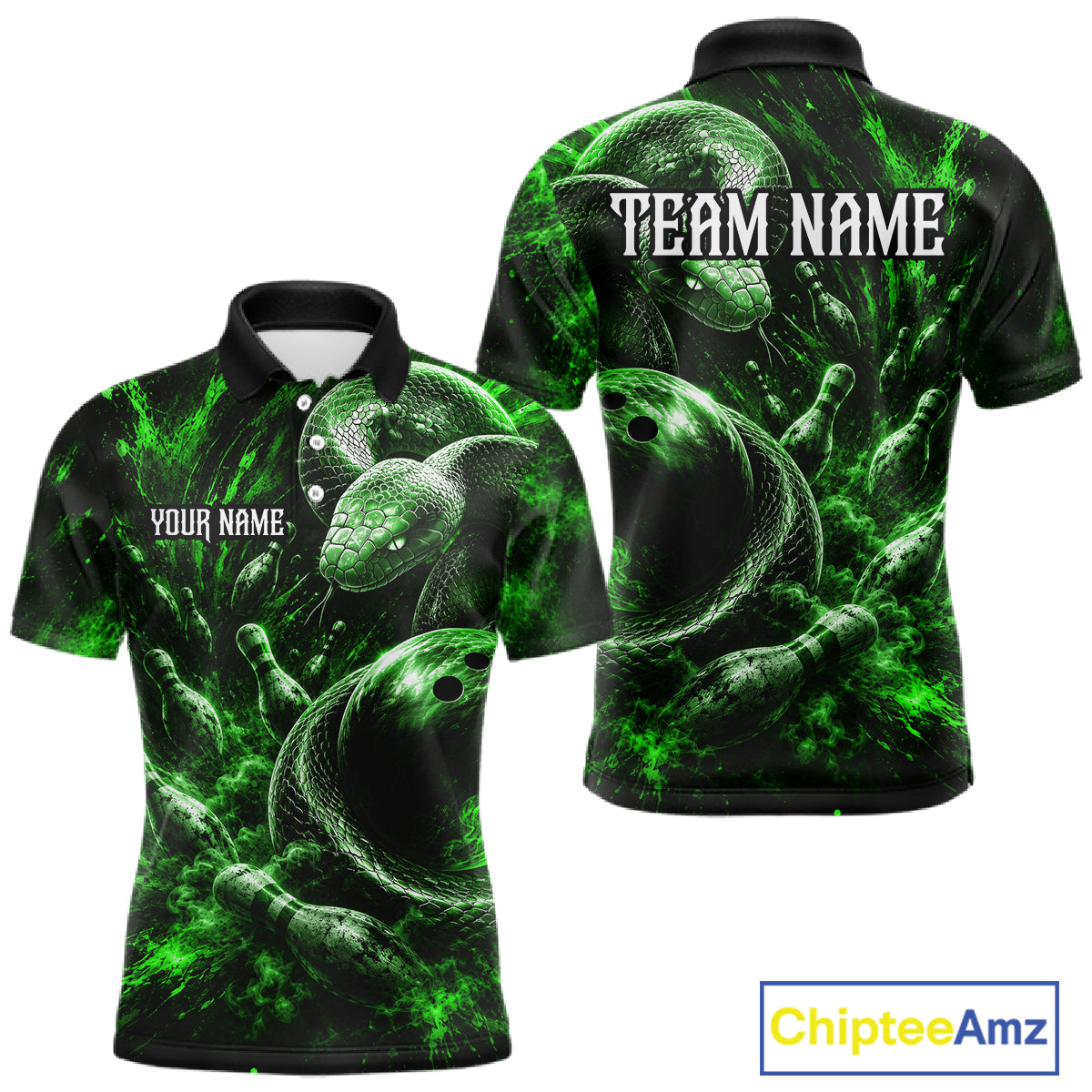 Custom Black And Green Flame Snake Bowling Men Polo Shirts, Bowling League Team Shirt NBT1022