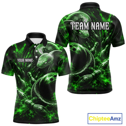 Custom Black And Green Flame Snake Bowling Men Polo Shirts, Bowling League Team Shirt NBT1022
