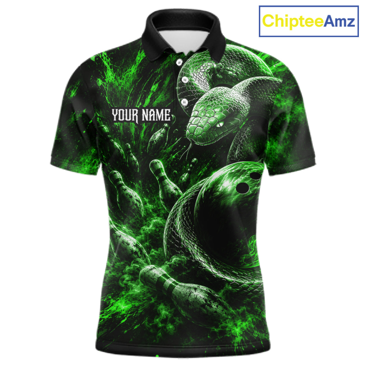 Custom Black And Green Flame Snake Bowling Men Polo Shirts, Bowling League Team Shirt NBT1022