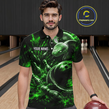 Custom Black And Green Flame Snake Bowling Men Polo Shirts, Bowling League Team Shirt NBT1022