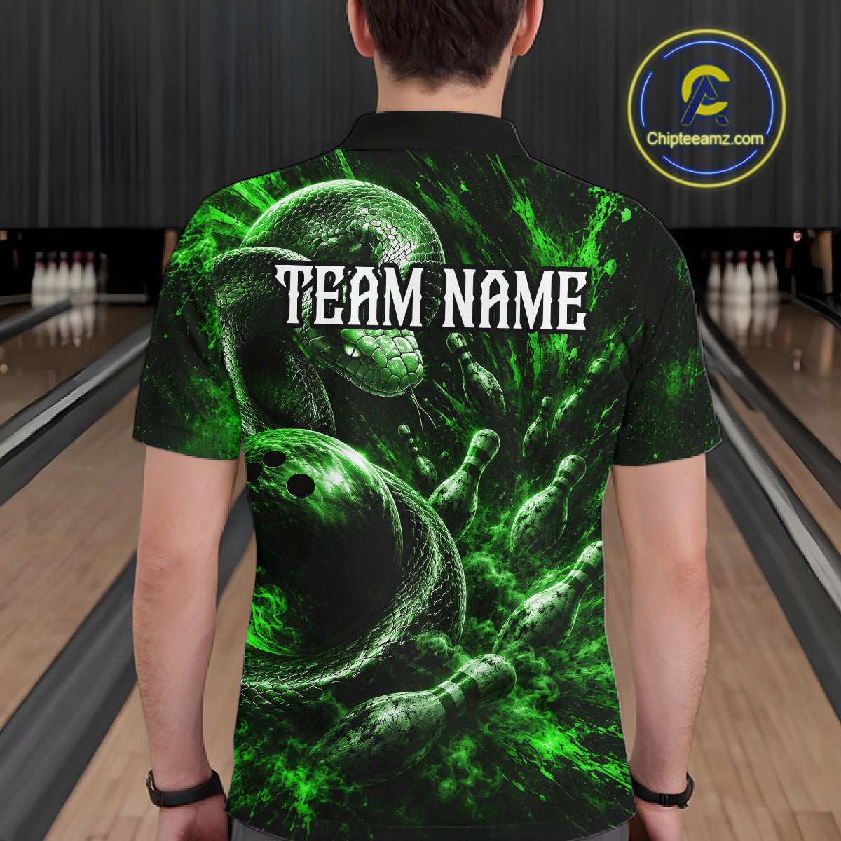 Custom Black And Green Flame Snake Bowling Men Polo Shirts, Bowling League Team Shirt NBT1022