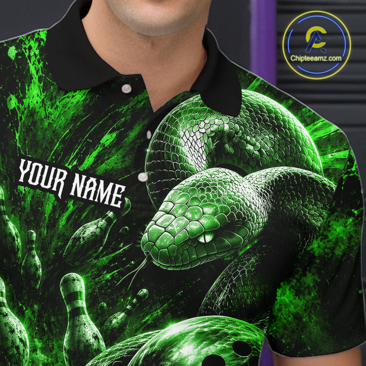 Custom Black And Green Flame Snake Bowling Men Polo Shirts, Bowling League Team Shirt NBT1022