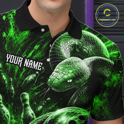 Custom Black And Green Flame Snake Bowling Men Polo Shirts, Bowling League Team Shirt NBT1022