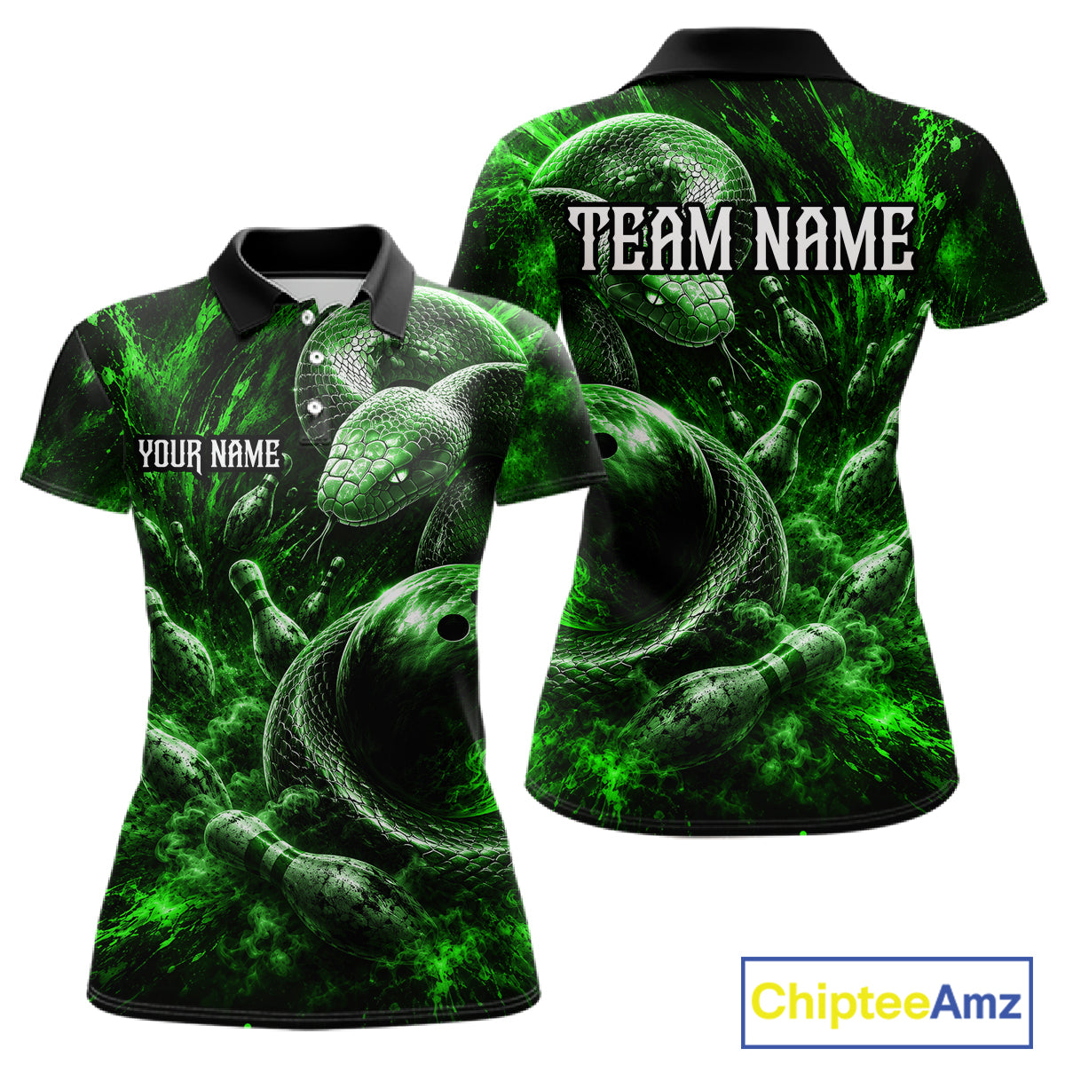 Custom Black And Green Flame Snake Bowling Women Polo Shirts, Bowling League Team Shirt NBT1022