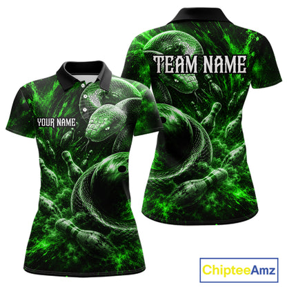 Custom Black And Green Flame Snake Bowling Women Polo Shirts, Bowling League Team Shirt NBT1022