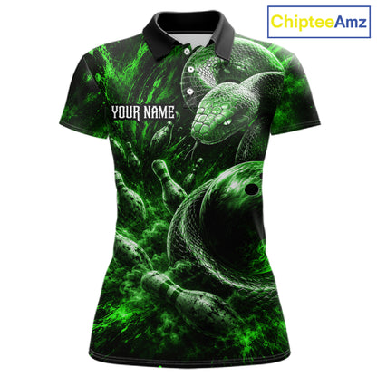Custom Black And Green Flame Snake Bowling Women Polo Shirts, Bowling League Team Shirt NBT1022