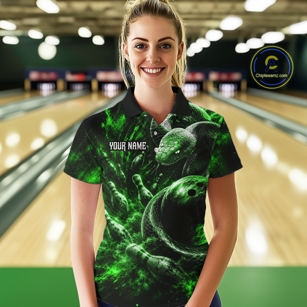 Custom Black And Green Flame Snake Bowling Women Polo Shirts, Bowling League Team Shirt NBT1022