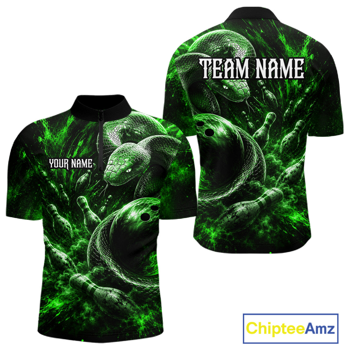 Custom Black And Green Flame Snake Bowling Men Polo Shirts, Bowling League Team Shirt NBT1022
