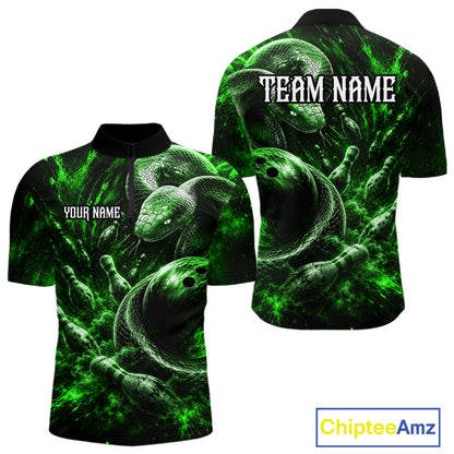 Custom Black And Green Flame Snake Bowling Men Polo Shirts, Bowling League Team Shirt NBT1022