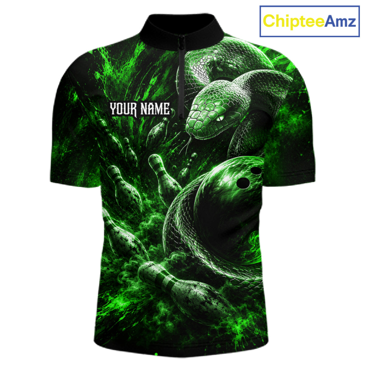 Custom Black And Green Flame Snake Bowling Men Polo Shirts, Bowling League Team Shirt NBT1022