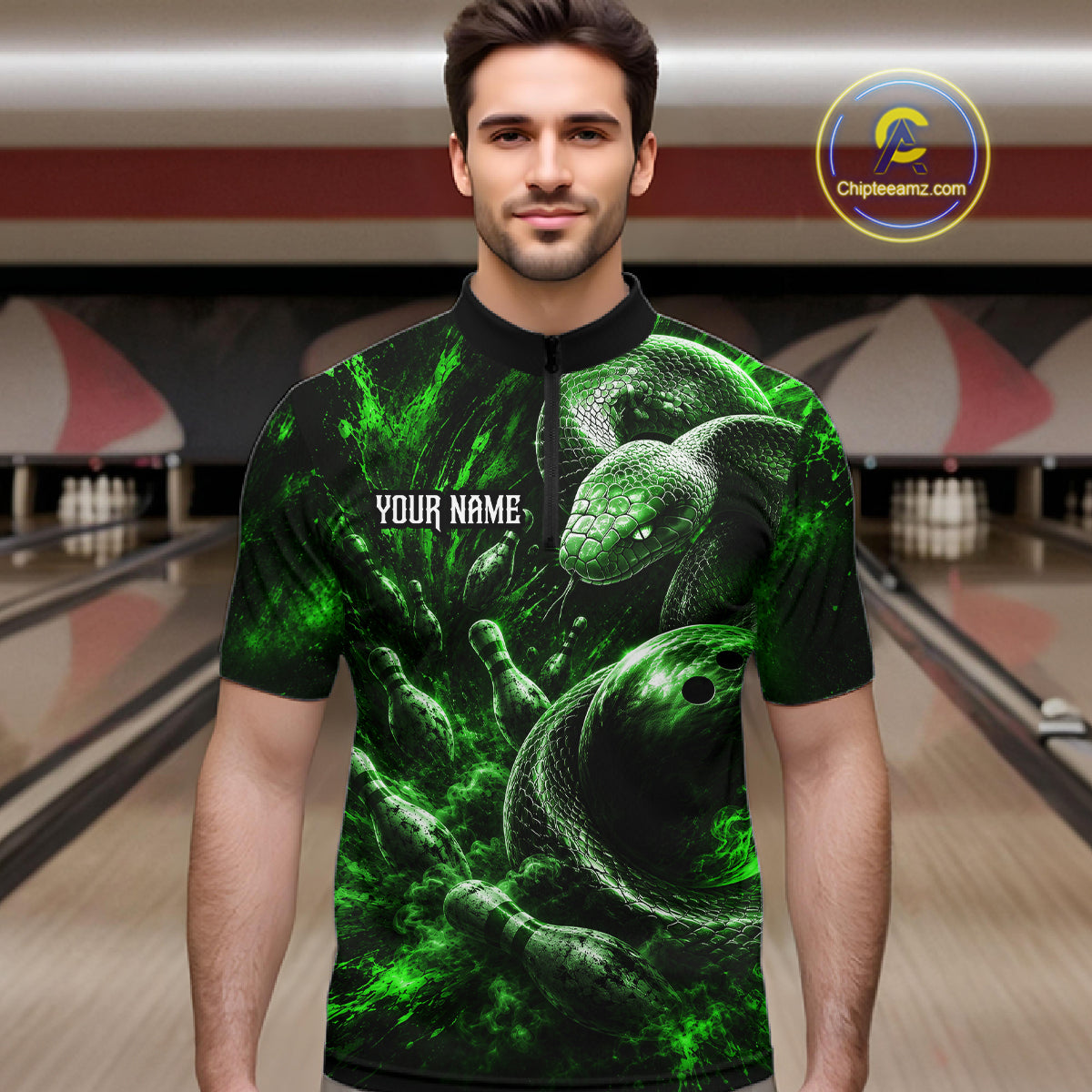 Custom Black And Green Flame Snake Bowling Men Polo Shirts, Bowling League Team Shirt NBT1022
