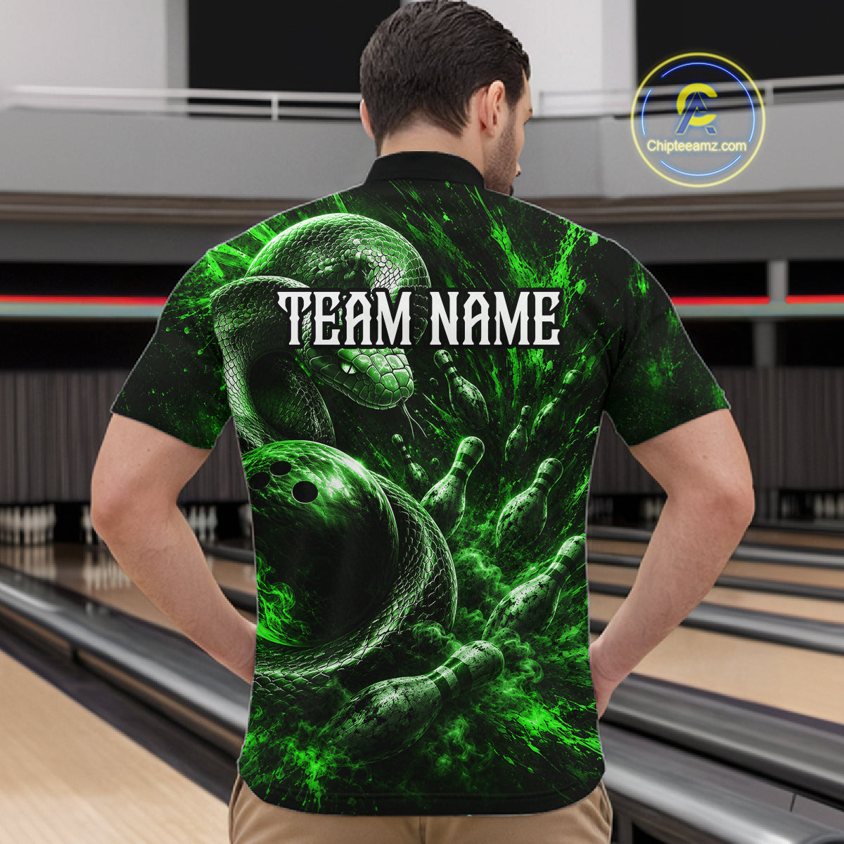 Custom Black And Green Flame Snake Bowling Men Polo Shirts, Bowling League Team Shirt NBT1022