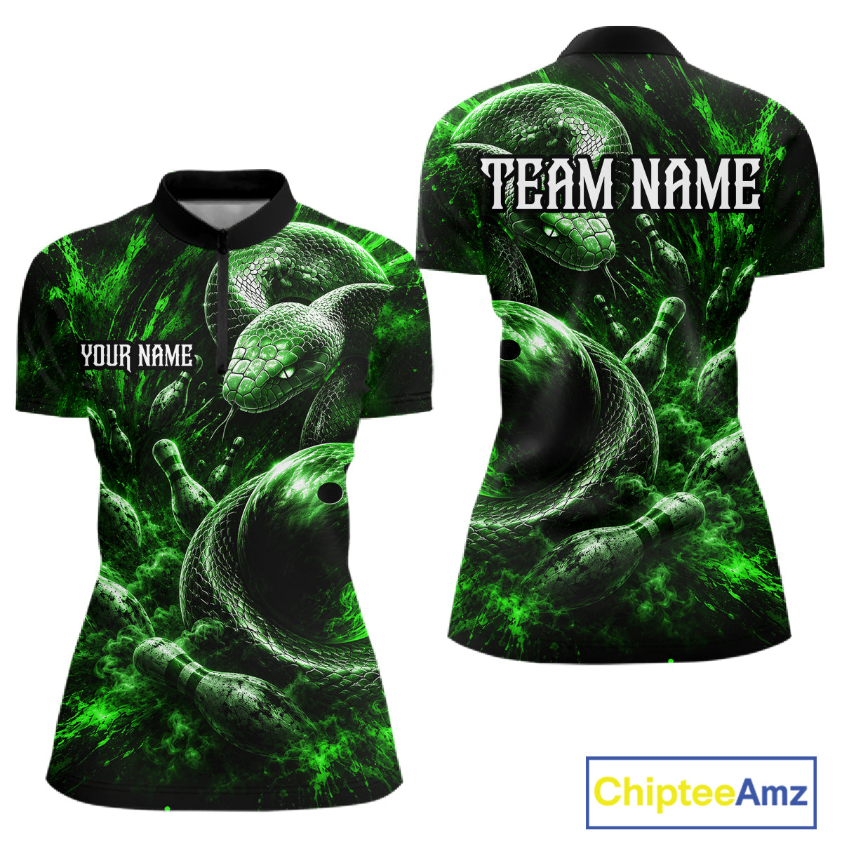 Custom Black And Green Flame Snake Bowling Women Polo Shirts, Bowling League Team Shirt NBT1022