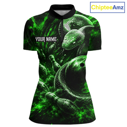 Custom Black And Green Flame Snake Bowling Women Polo Shirts, Bowling League Team Shirt NBT1022