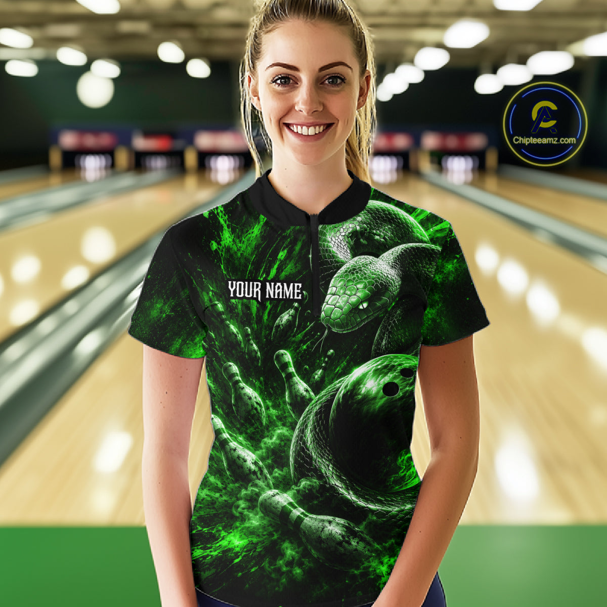 Custom Black And Green Flame Snake Bowling Women Polo Shirts, Bowling League Team Shirt NBT1022
