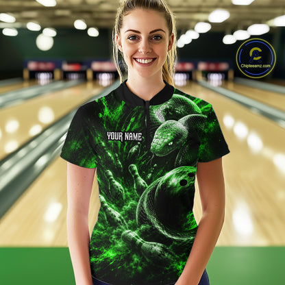 Custom Black And Green Flame Snake Bowling Women Polo Shirts, Bowling League Team Shirt NBT1022