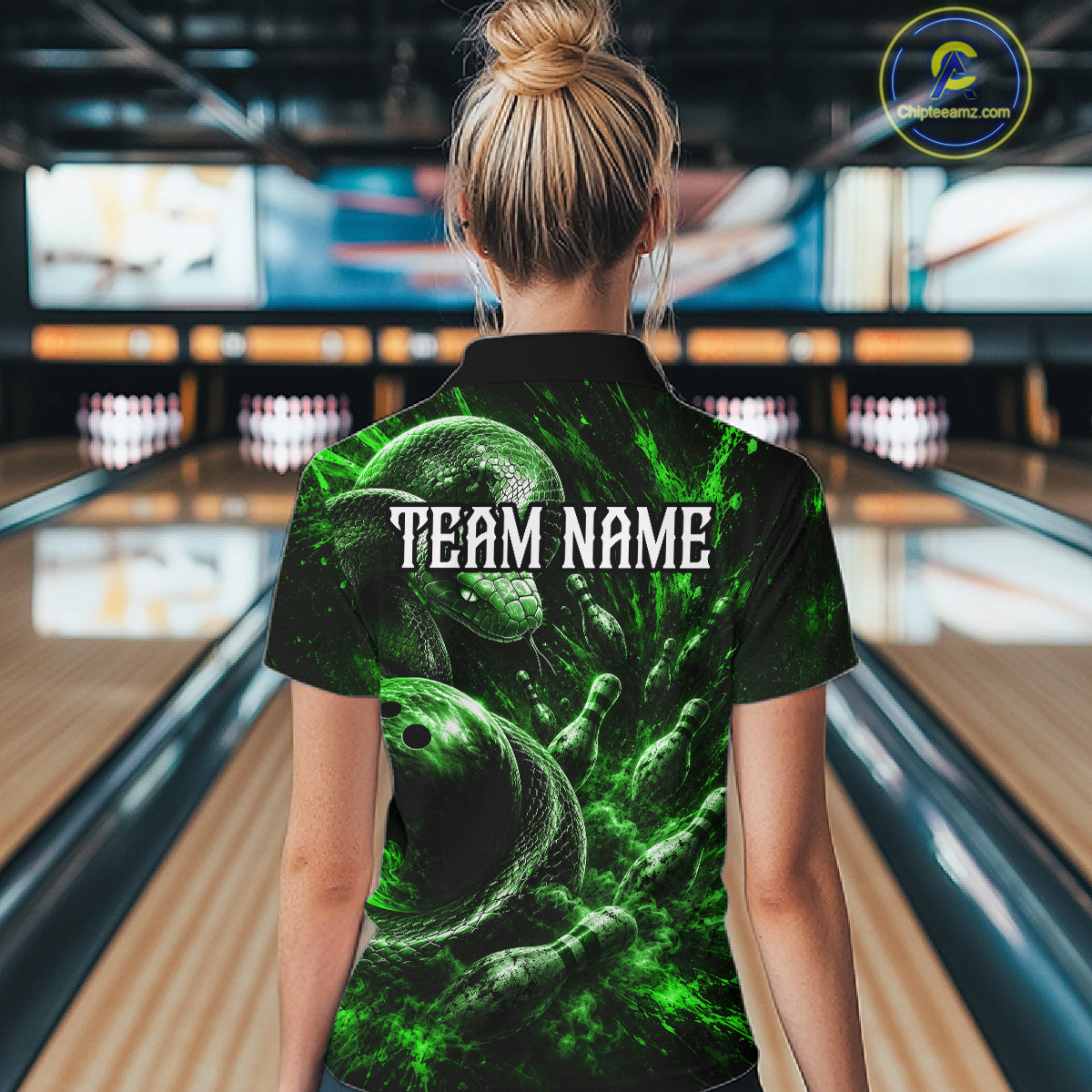 Custom Black And Green Flame Snake Bowling Women Polo Shirts, Bowling League Team Shirt NBT1022