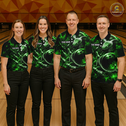 Custom Black And Green Flame Snake Bowling Men Polo Shirts, Bowling League Team Shirt NBT1022