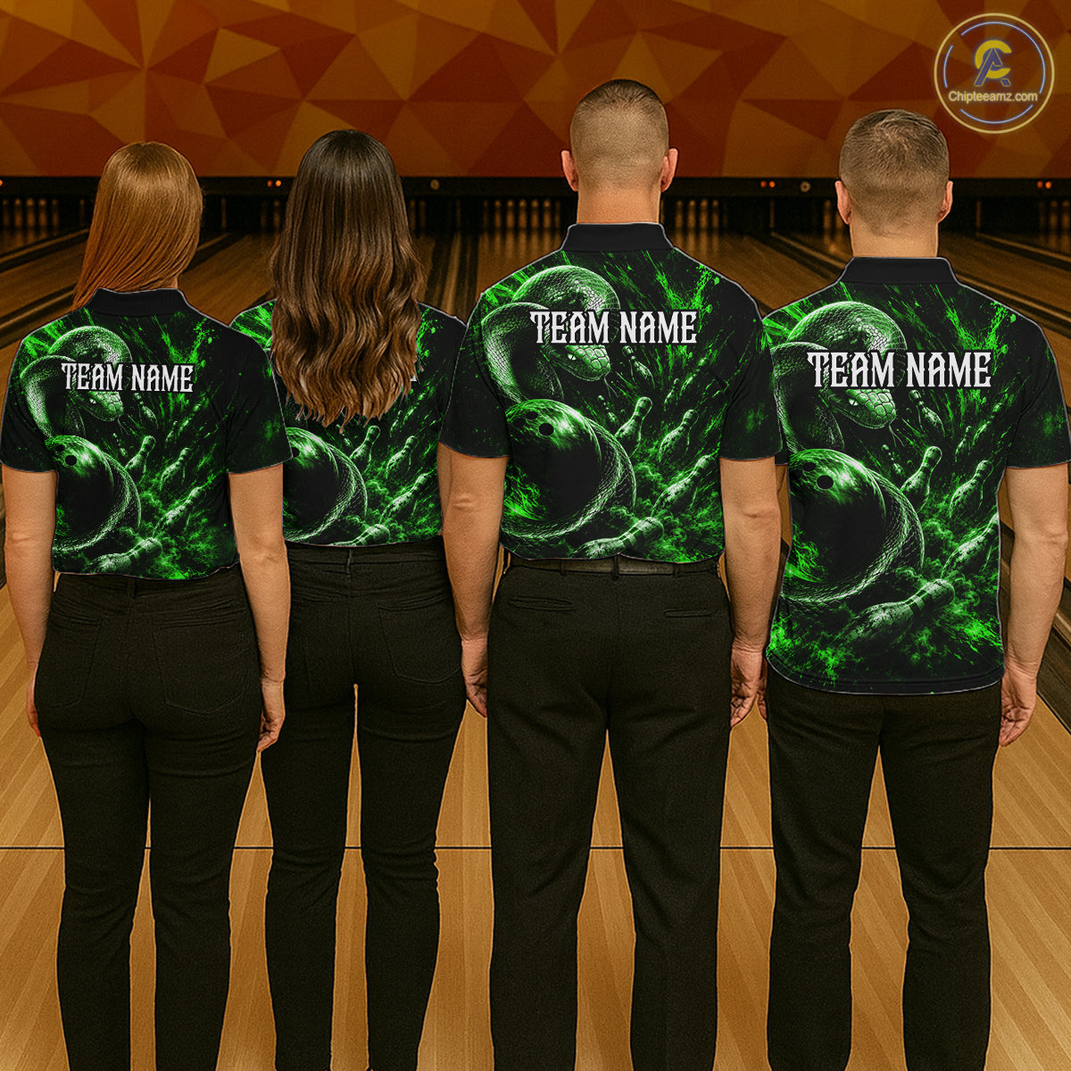 Custom Black And Green Flame Snake Bowling Men Polo Shirts, Bowling League Team Shirt NBT1022