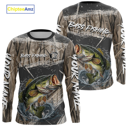 Largemouth Bass Grass Camo Custom Name Fishing Shirt, Bass Fishing Shirts For Men NBT354