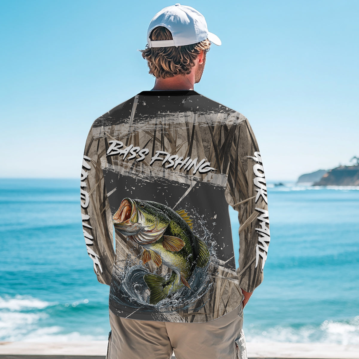 Largemouth Bass Grass Camo Custom Name Fishing Shirt, Bass Fishing Shirts For Men NBT354