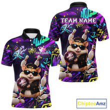 Load image into Gallery viewer, Front and back view of custom funny hamster purple graffiti bowling team polo shirt with personalized name