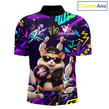 Load image into Gallery viewer, Front view of custom funny hamster purple graffiti bowling team 1/4 quarter zip shirt