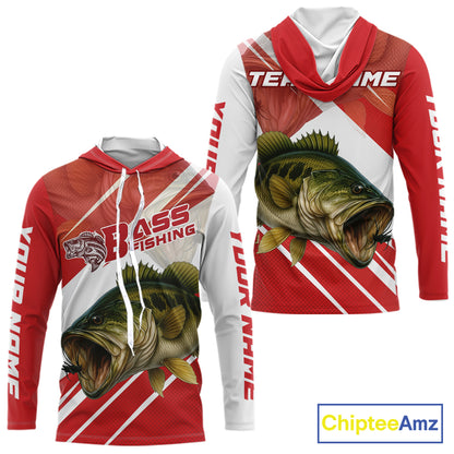 Custom Red Camo Largemouth Bass Fishing Jerseys, Bass Long Sleeve Hooded Tournament Fishing Shirts NBT1031