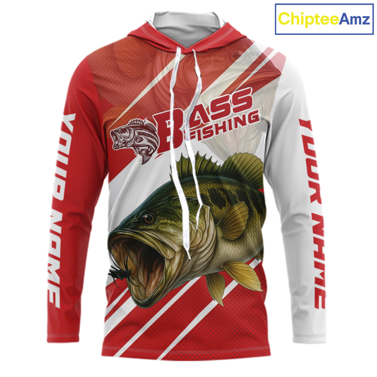 Custom Red Camo Largemouth Bass Fishing Jerseys, Bass Long Sleeve Hooded Tournament Fishing Shirts NBT1031