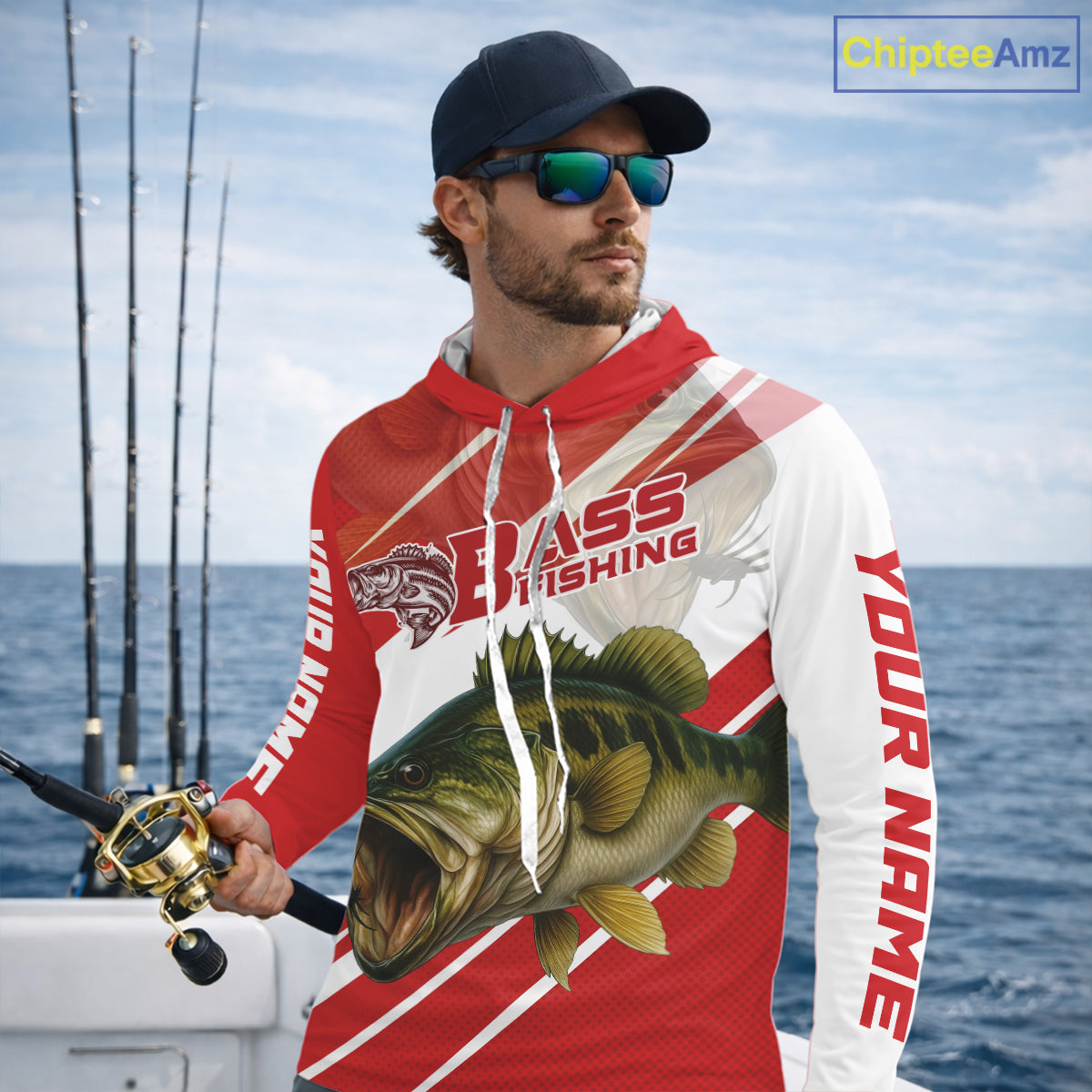Custom Red Camo Largemouth Bass Fishing Jerseys, Bass Long Sleeve Hooded Tournament Fishing Shirts NBT1031
