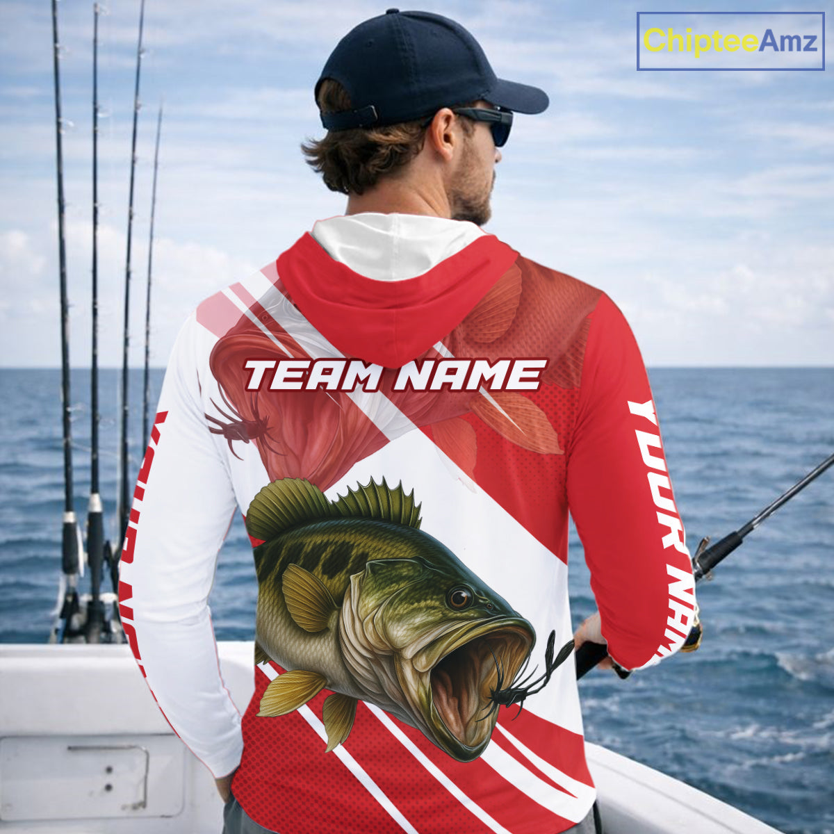 Custom Red Camo Largemouth Bass Fishing Jerseys, Bass Long Sleeve Hooded Tournament Fishing Shirts NBT1031