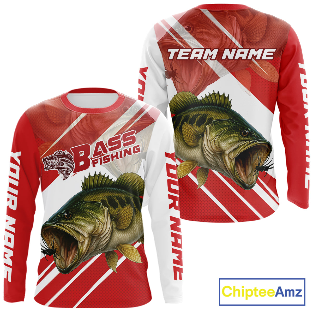 Custom Red Camo Largemouth Bass Fishing Jerseys, Bass Long Sleeve Tournament Fishing Shirts NBT1031