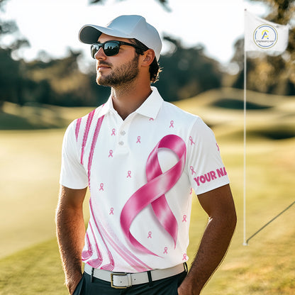 A golfer man in a golf course wearing a white, pink breast cancer awareness ribbon pattern golf polo shirt with “Your Name” and a golf course graphic on the chest.