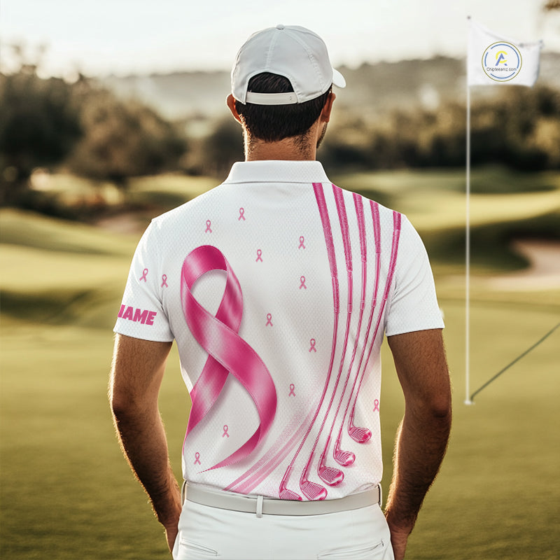 A golfer man in a golf course wearing a white, pink breast cancer ribbon pattern golf polo shirt.