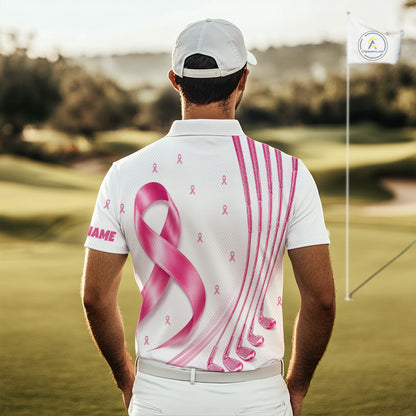 A golfer man in a golf course wearing a white, pink breast cancer ribbon pattern golf polo shirt.