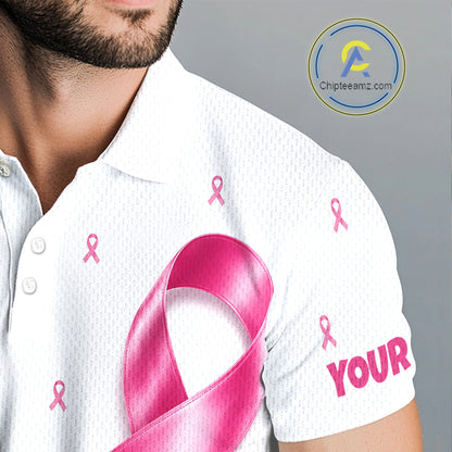 Close-up breathable fabric of white, pink breast cancer awareness ribbon pattern golf polo shirt with “Your Name" on the sleeve.