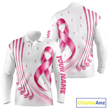 Load image into Gallery viewer, Front and back views of a white, pink breast cancer awareness golf polo shirt, chest name text.