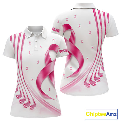 Front and back views of a womens Breast Cancer Awareness pink ribbon golf polo shirt, name text on the sleeve.