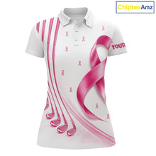 Load image into Gallery viewer, Front views of a womens Breast Cancer Awareness pink ribbon golf polo shirt, name text on the sleeve.