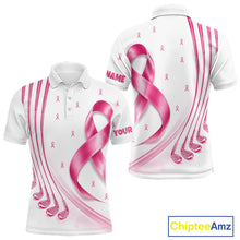 Load image into Gallery viewer, Front and back views of a pink, white breast cancer awareness ribbon pattern golf polo shirt, chest name text, and team name on the back.