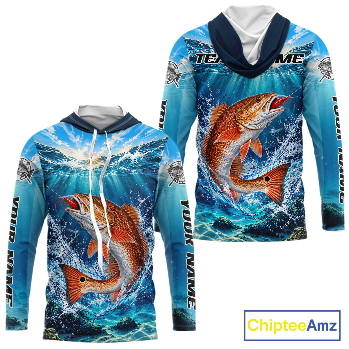 Personalized Redfish Blue Long Sleeve Hooded Performance Fishing Shirts, Redfish Tournament Fishing Jerseys NBT1248