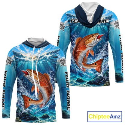 Personalized Redfish Blue Long Sleeve Hooded Performance Fishing Shirts, Redfish Tournament Fishing Jerseys NBT1248