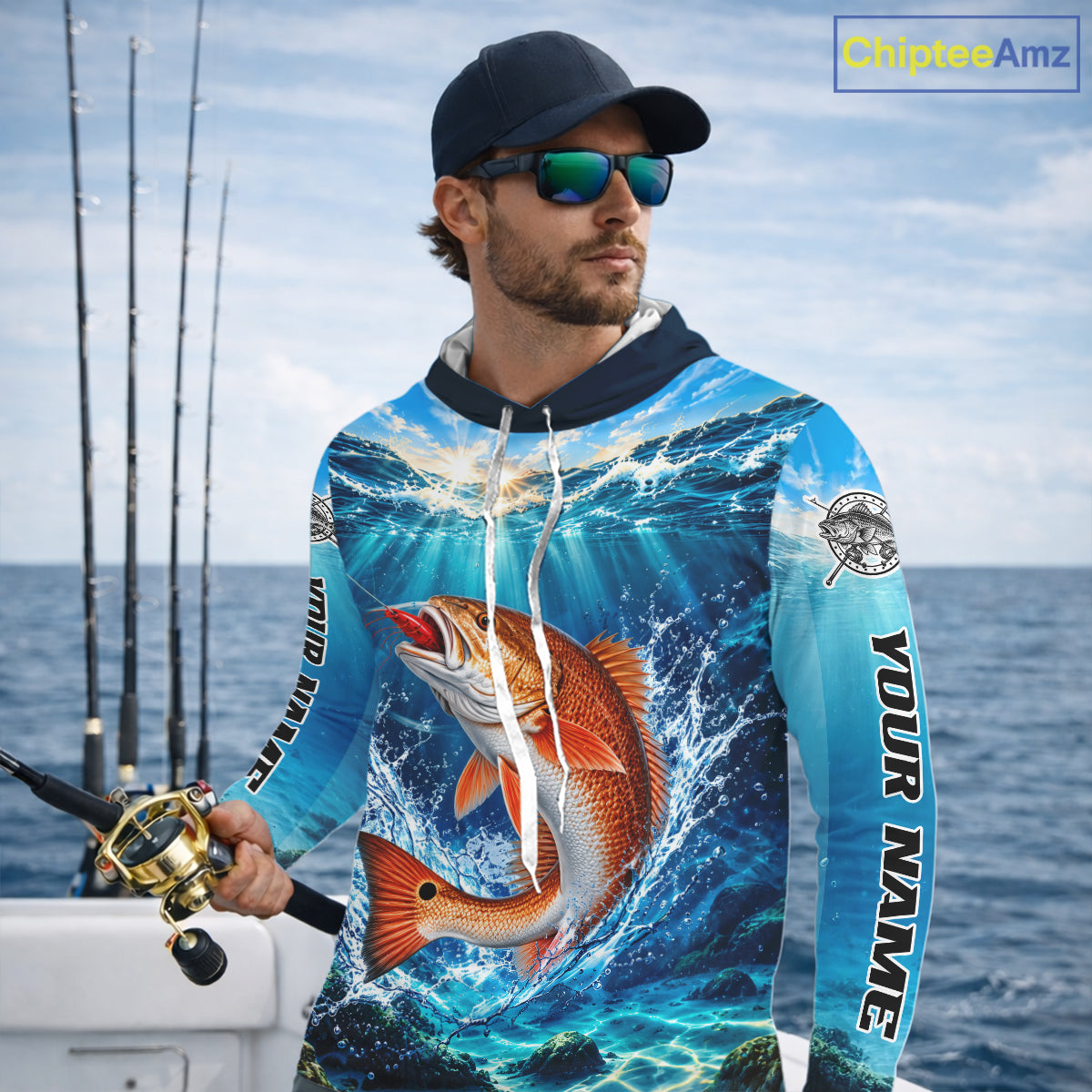 Personalized Redfish Blue Long Sleeve Hooded Performance Fishing Shirts, Redfish Tournament Fishing Jerseys NBT1248
