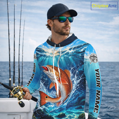 Personalized Redfish Blue Long Sleeve Hooded Performance Fishing Shirts, Redfish Tournament Fishing Jerseys NBT1248