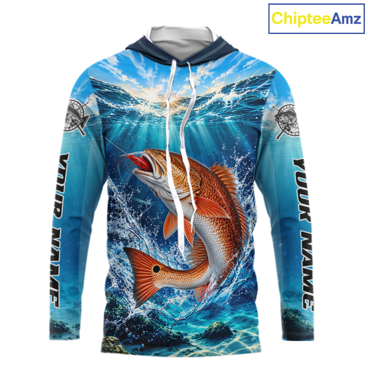 Personalized Redfish Blue Long Sleeve Hooded Performance Fishing Shirts, Redfish Tournament Fishing Jerseys NBT1248