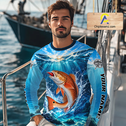 Personalized Redfish Blue Long Sleeve Performance Fishing Shirts, Redfish Tournament Fishing Jerseys NBT1248