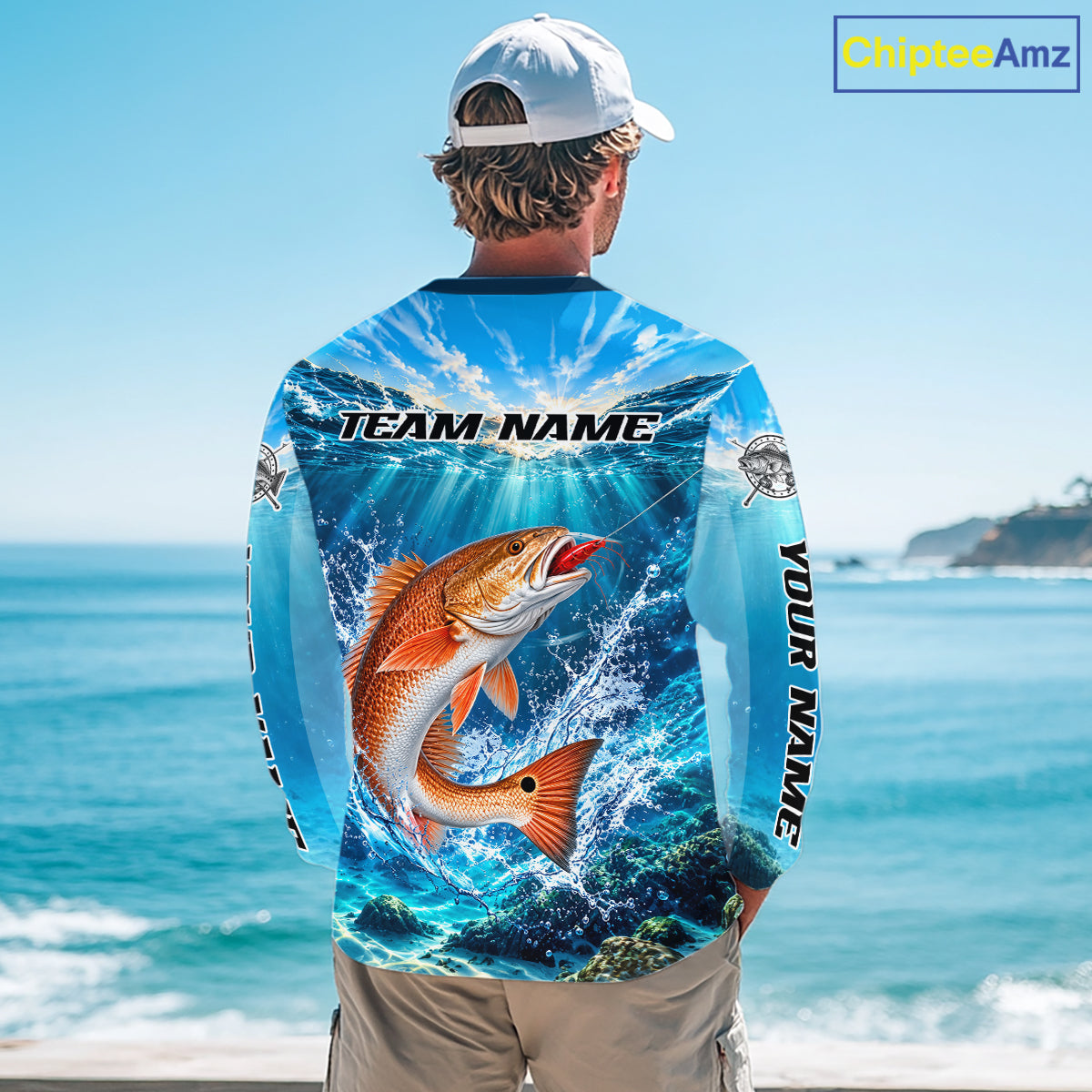 Personalized Redfish Blue Long Sleeve Performance Fishing Shirts, Redfish Tournament Fishing Jerseys NBT1248