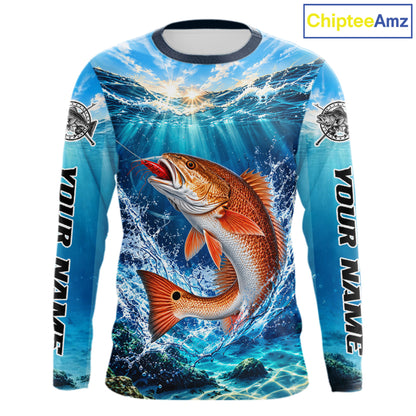 Personalized Redfish Blue Long Sleeve Performance Fishing Shirts, Redfish Tournament Fishing Jerseys NBT1248