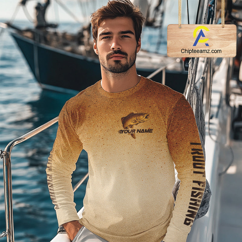 Brown Trout Fish Skin Long Sleeve Fishing Shirts Custom Name, Trout Fishing Shirts NBT402